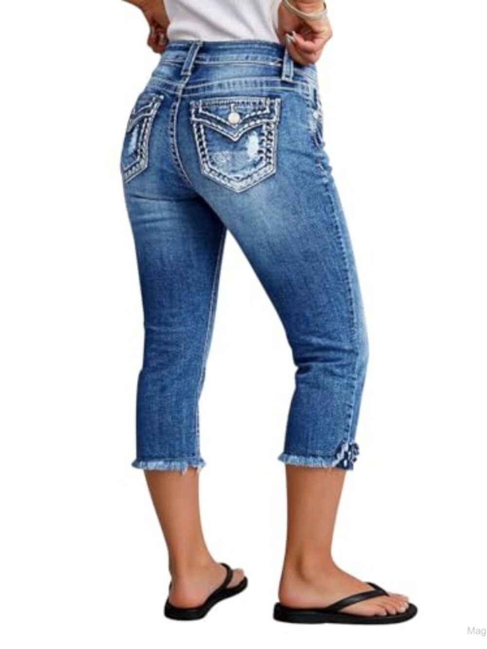 Women's Capri Skinny Jeans Raw Hem Ripped Mid Rise Stretch Denim